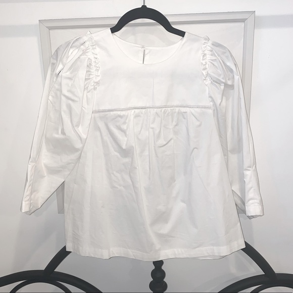 Nicole Miller Tops - White Cotton Poplin Baby Doll Blouse